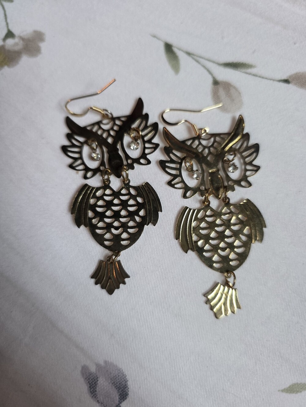 Vintage Brass Filigree Owl Dangle Earrings Rhinestone Eyes Boho Retro 1970s